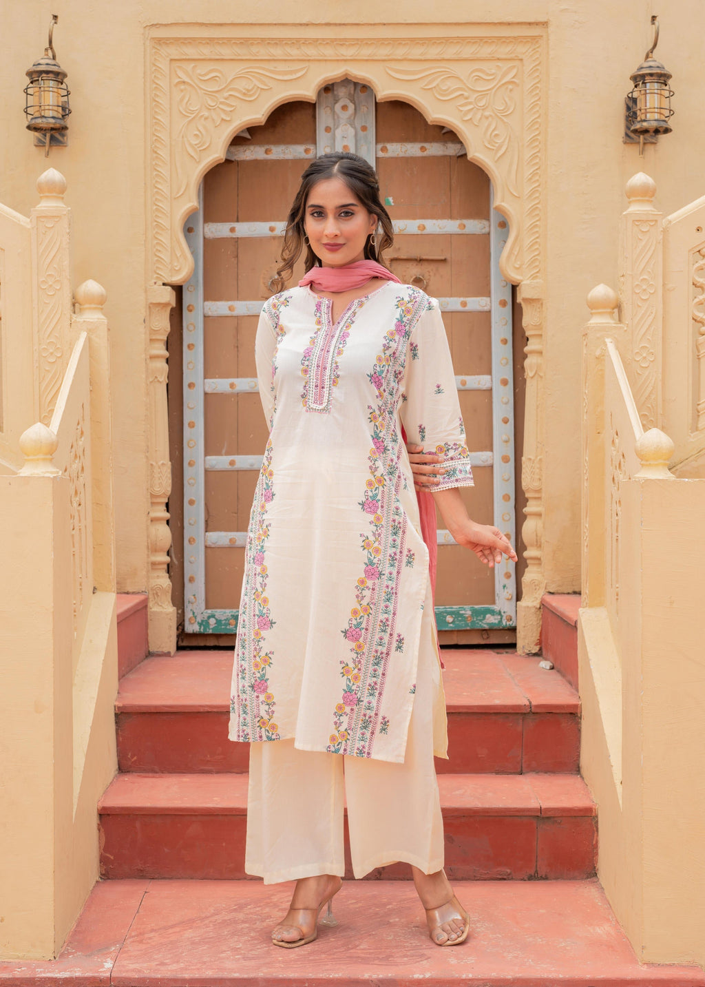 Juniper Soft Pastel Floral Printed Ivory Kurti Set - Distacart