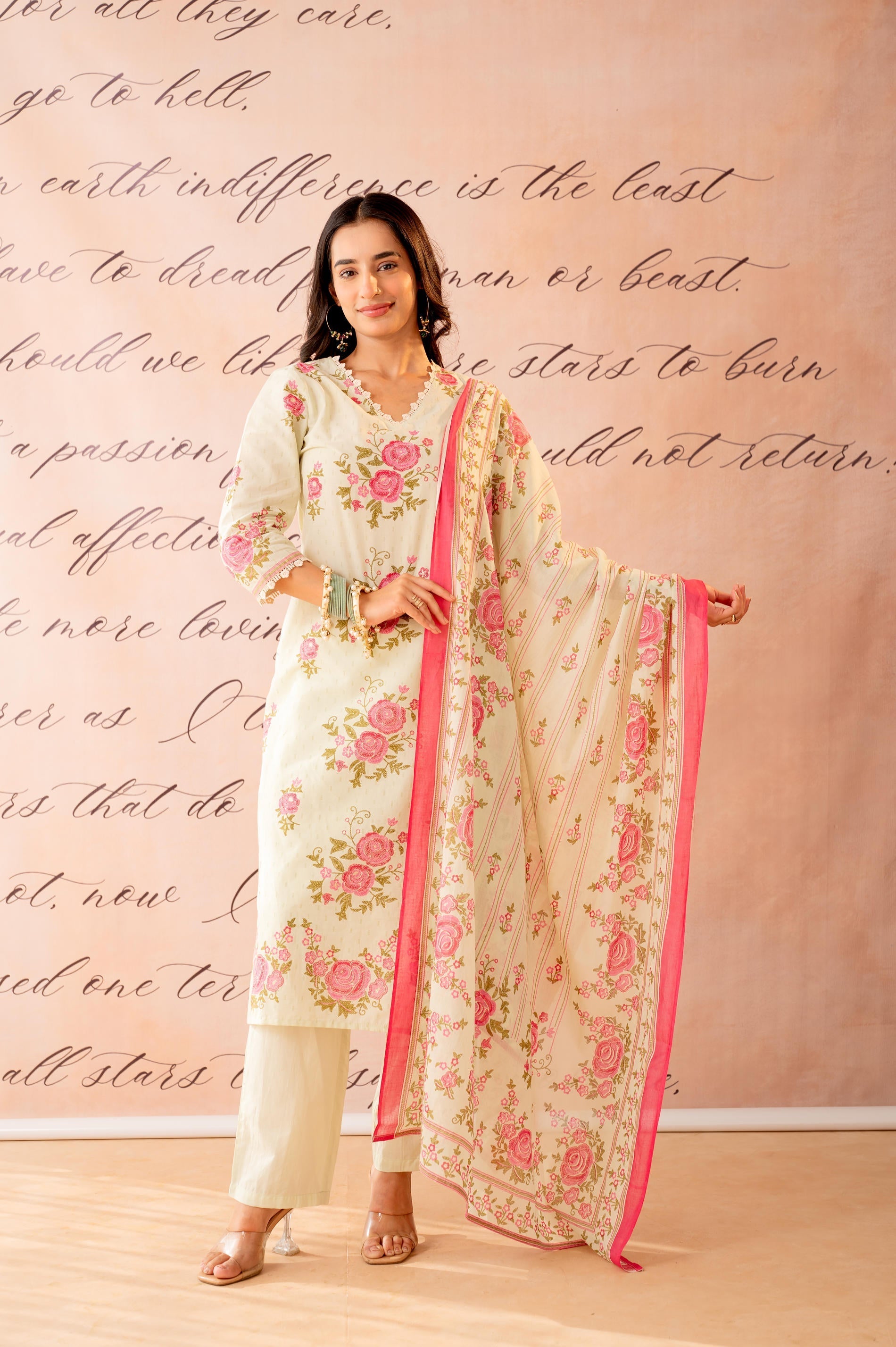Juniper Gulbahaar Blush Floral Kurta Pant And Dupatta Set - Distacart