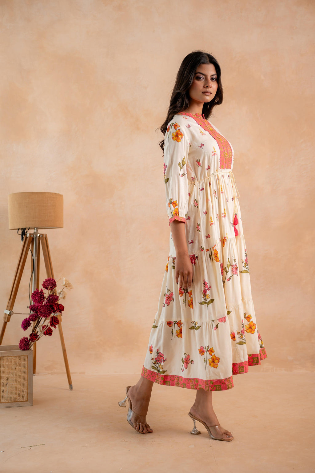 Juniper Beige Gulnaar Floral Yoke Dress - Distacart