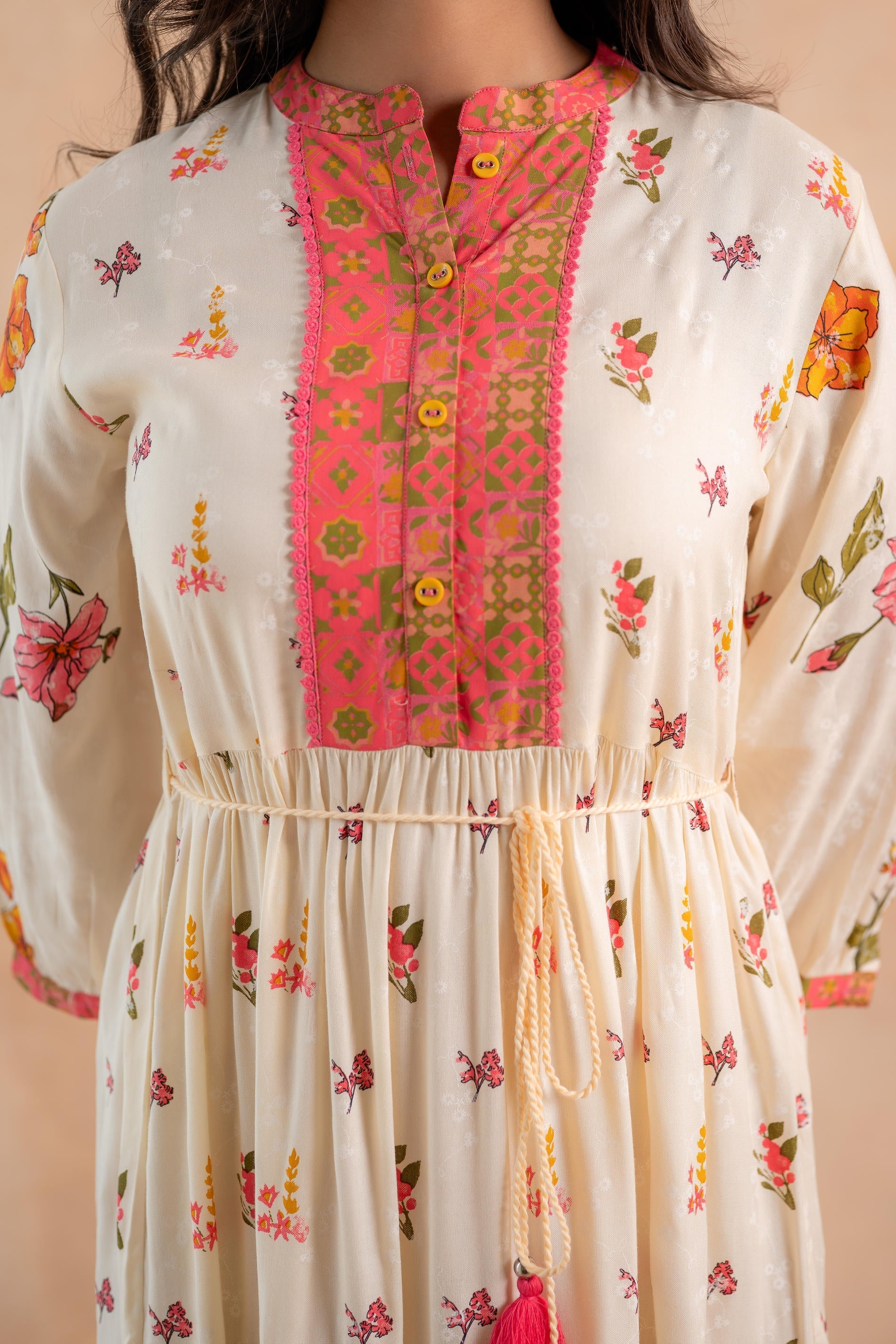 Juniper Beige Gulnaar Floral Yoke Dress - Distacart