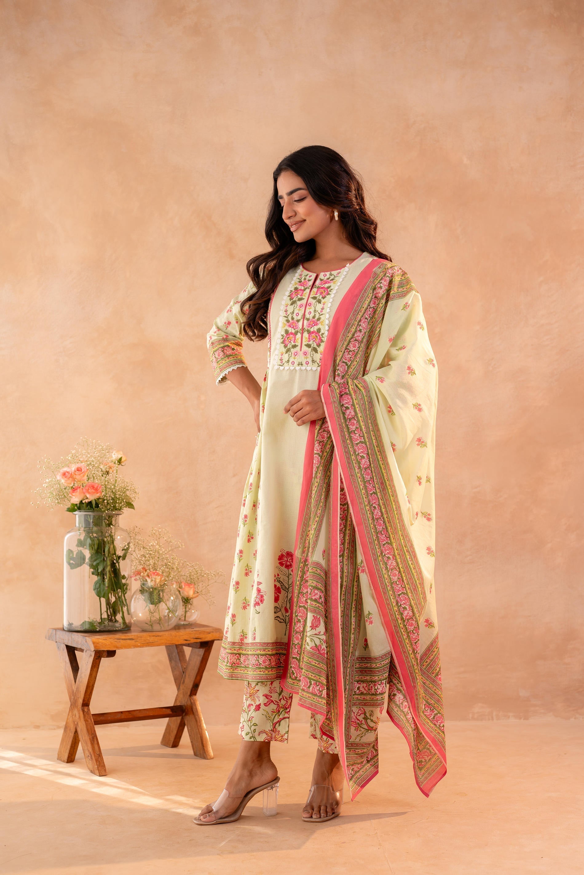 Juniper Noor-e-Gul SageGreen Printed Kurta Pant And Dupatta Set - Distacart