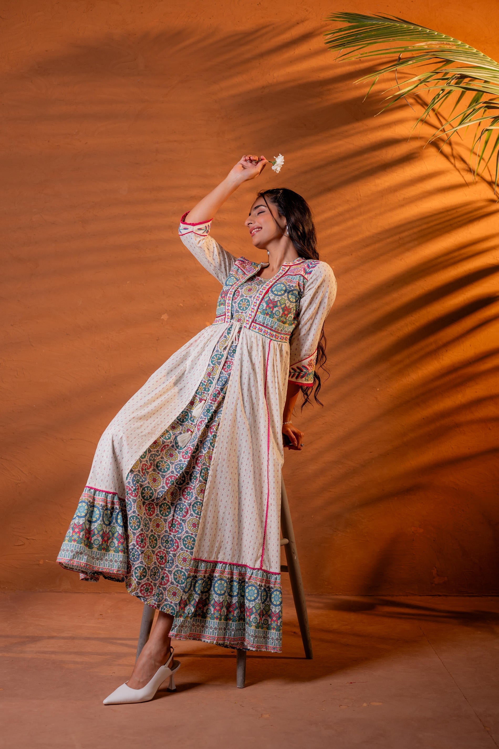 Juniper Ivory Embroidered Flared Midi Dress With Ethnic Motifs - Distacart