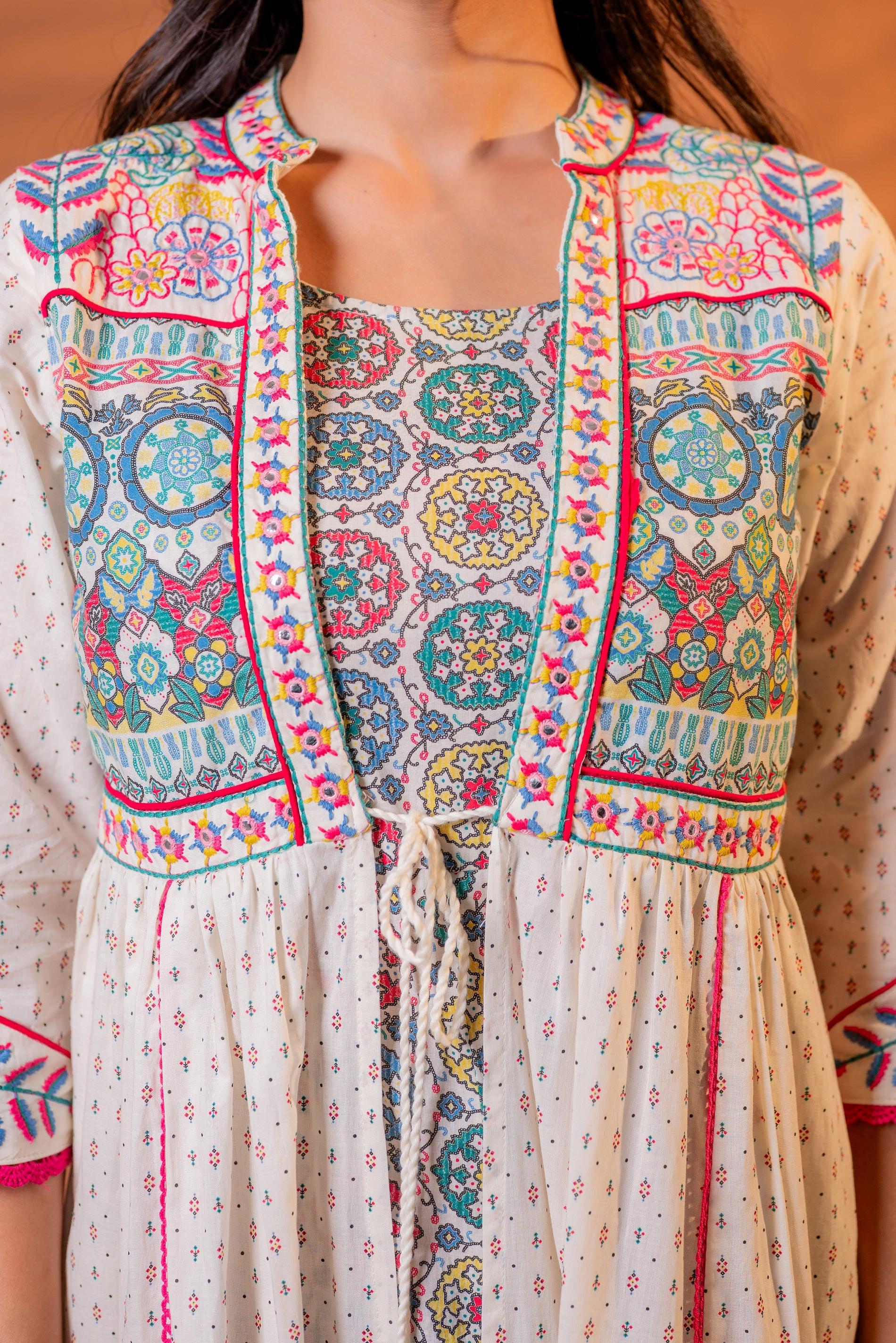 Juniper Ivory Embroidered Flared Midi Dress With Ethnic Motifs - Distacart