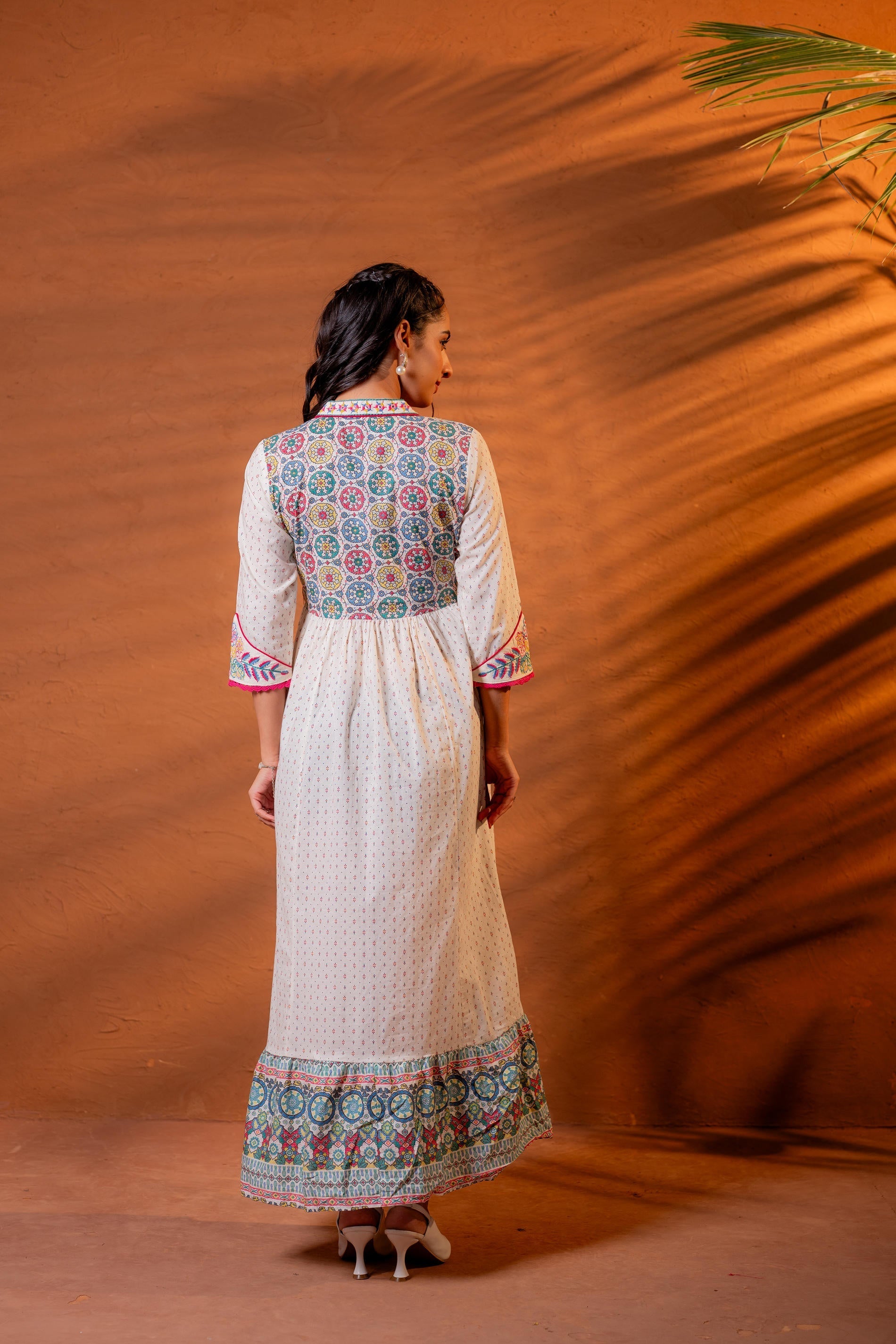 Juniper Ivory Embroidered Flared Midi Dress With Ethnic Motifs - Distacart