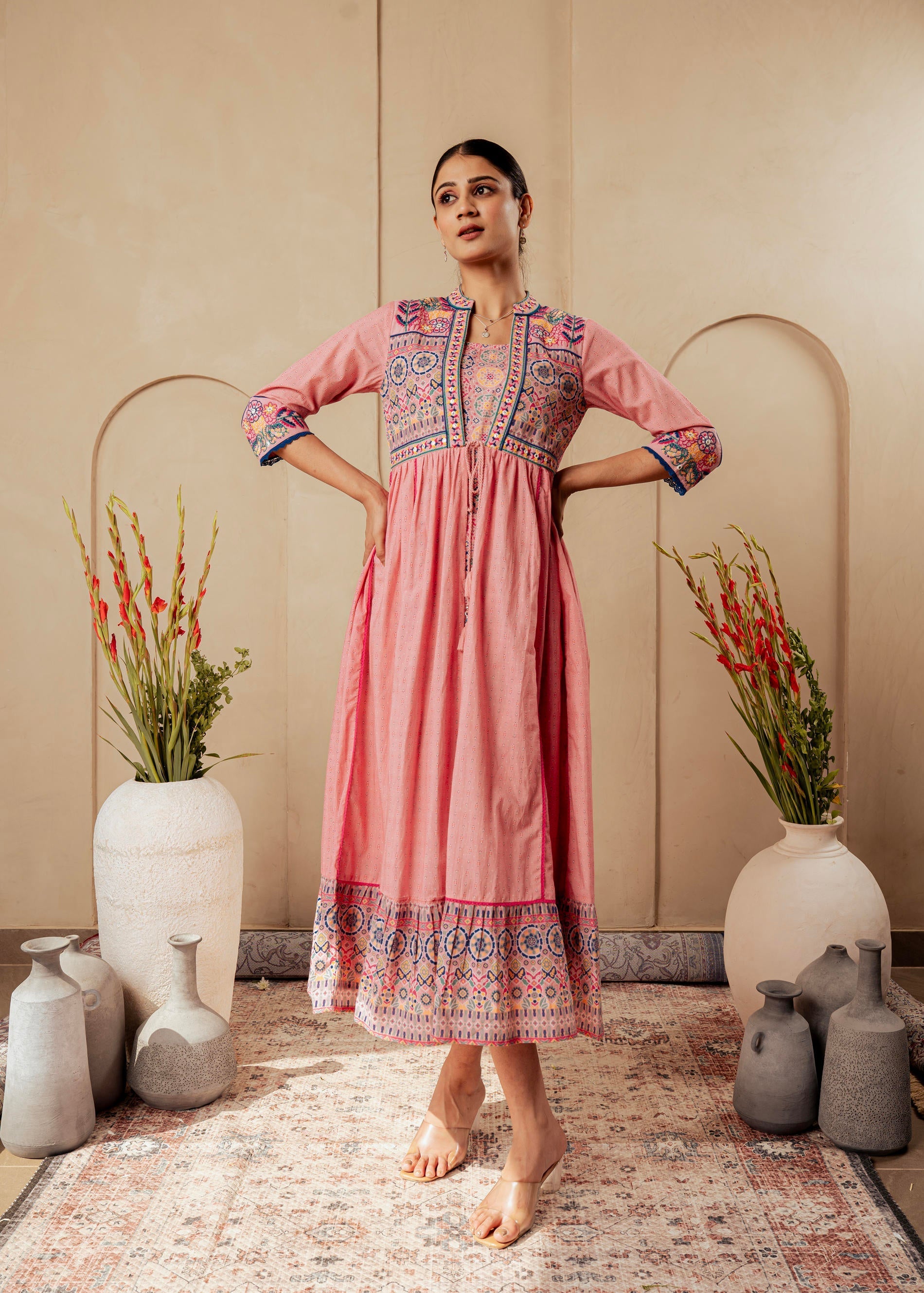 Juniper Onion Pink Embroidered Flared Midi Dress With Ethnic Motifs - Distacart