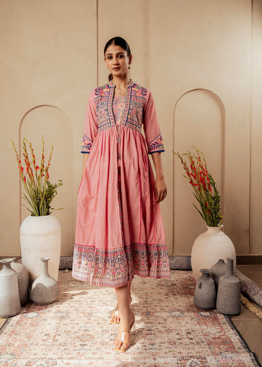 Juniper Onion Pink Embroidered Flared Midi Dress With Ethnic Motifs - Distacart