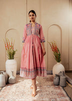 Juniper Onion Pink Embroidered Flared Midi Dress With Ethnic Motifs - Distacart