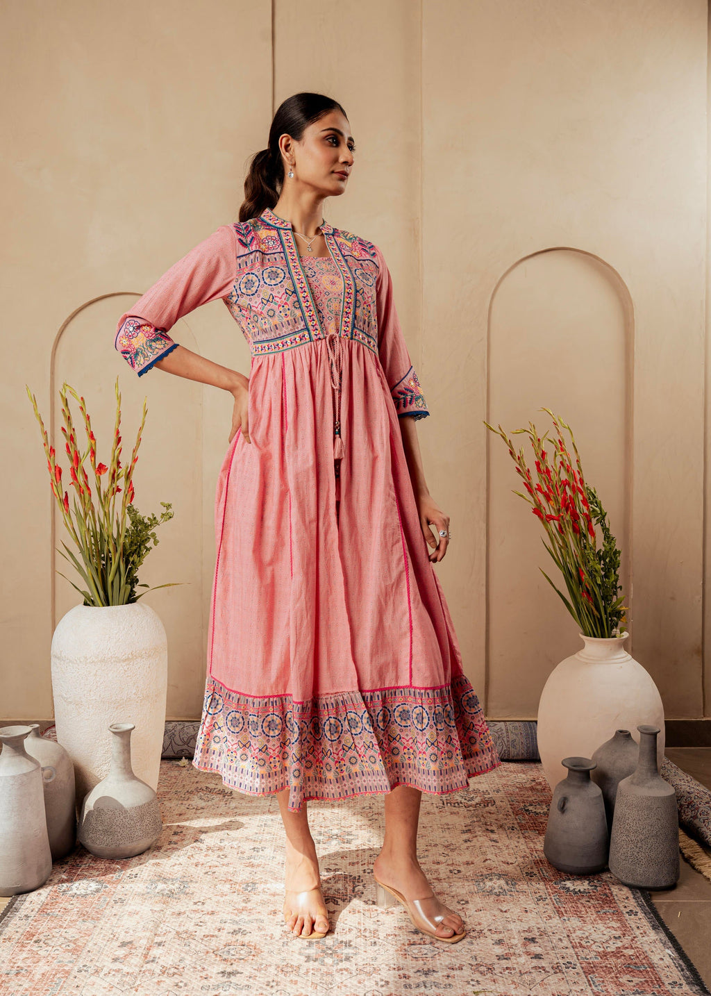Juniper Onion Pink Embroidered Flared Midi Dress With Ethnic Motifs - Distacart