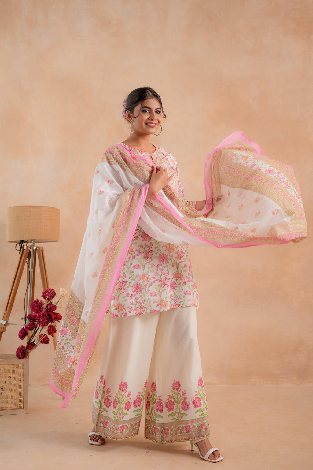 Juniper Gulbahaar Ivory Floral Printed Kurta Palazzo And Dupatta Set - Distacart
