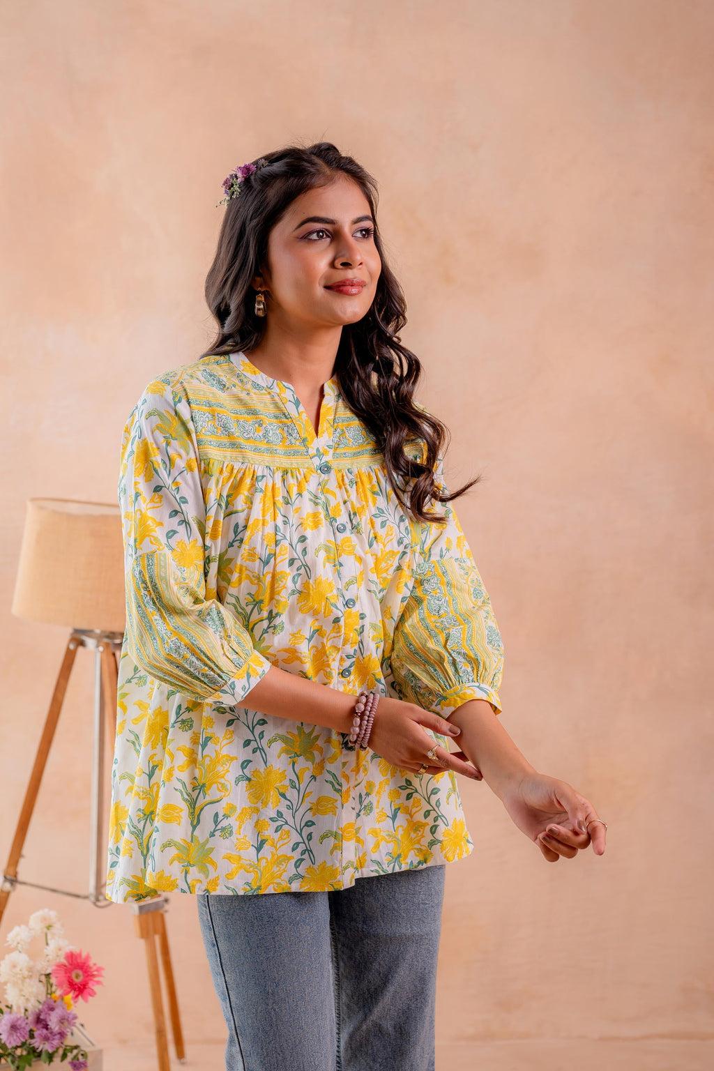 Juniper Floral Printed Gathered Ethnic Tunic - Distacart