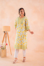 Juniper Yellow Blossom Panelled Kurta - Distacart