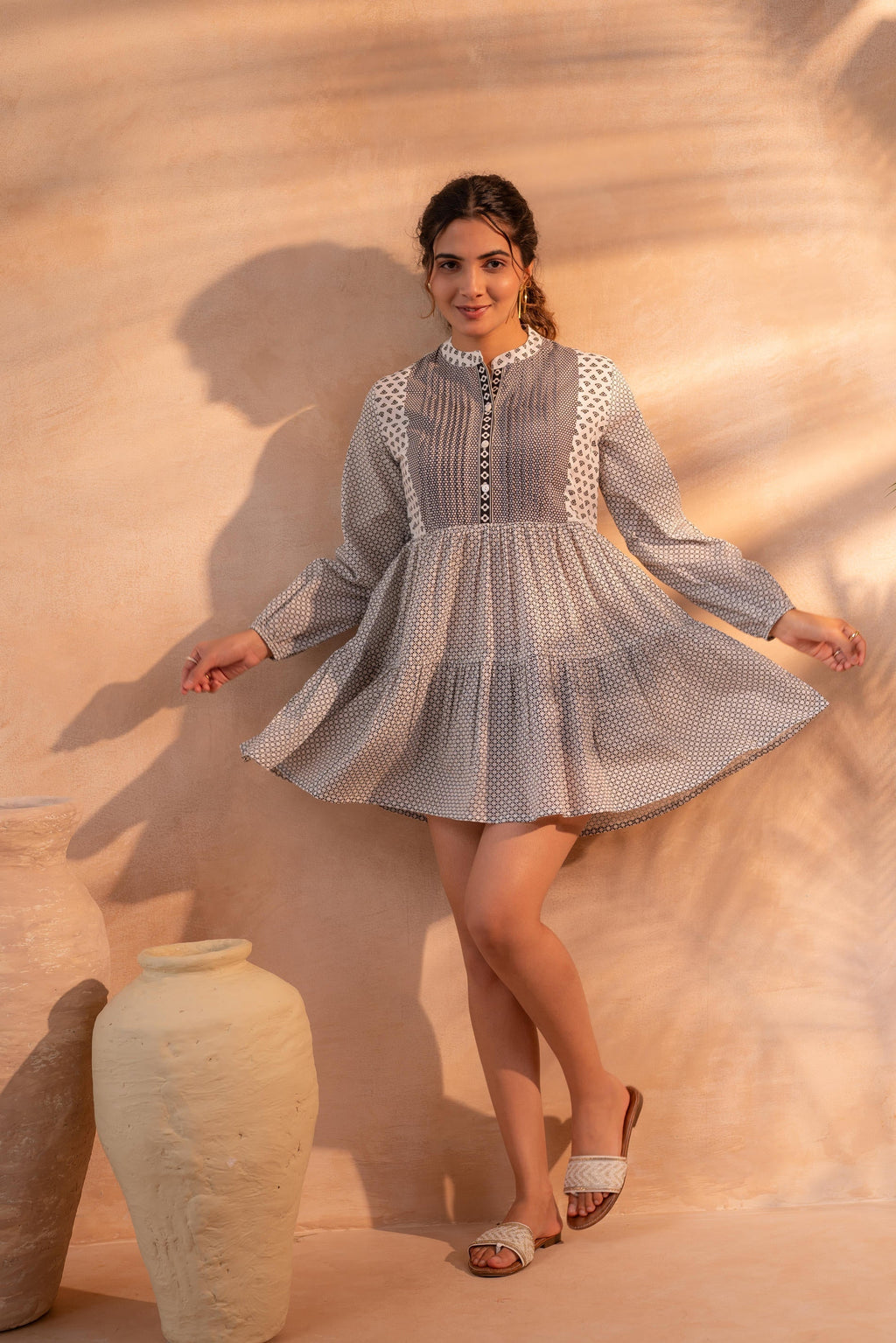 Juniper White & Black Printed Flared tunic with Pintuck Yoke