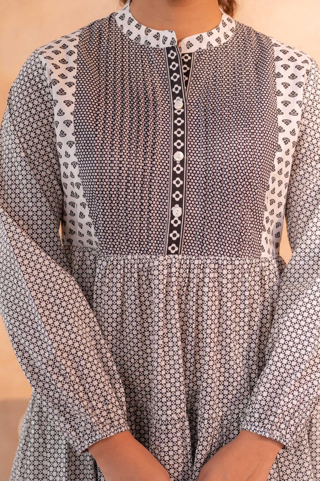 Juniper White & Black Printed Flared tunic with Pintuck Yoke