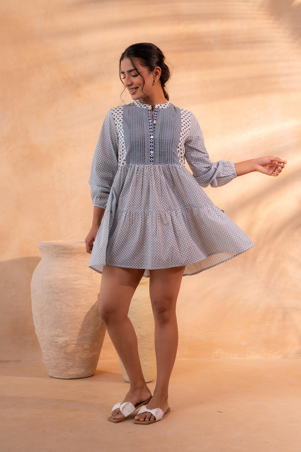 Juniper White & Blue Printed Flared tunic with Pintuck Yoke