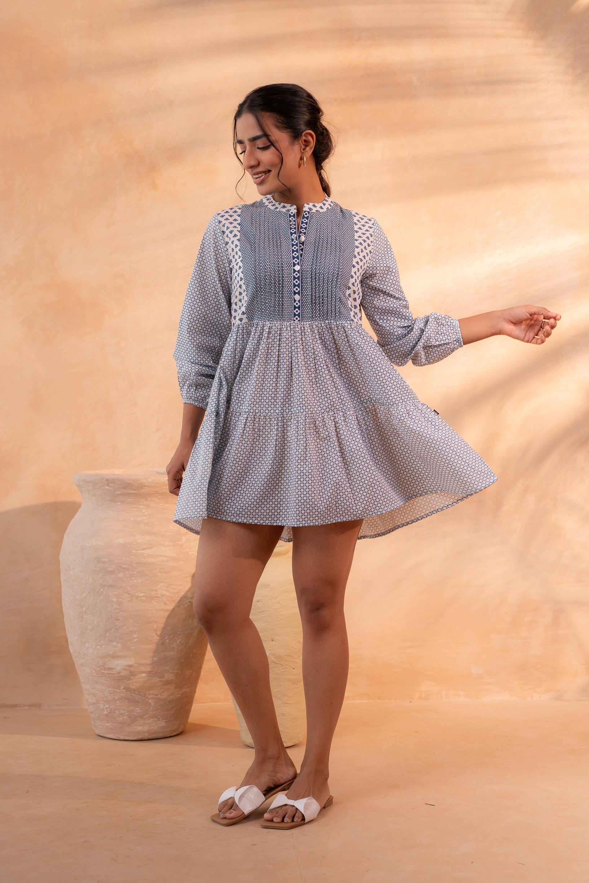 Juniper White & Blue Printed Flared tunic with Pintuck Yoke