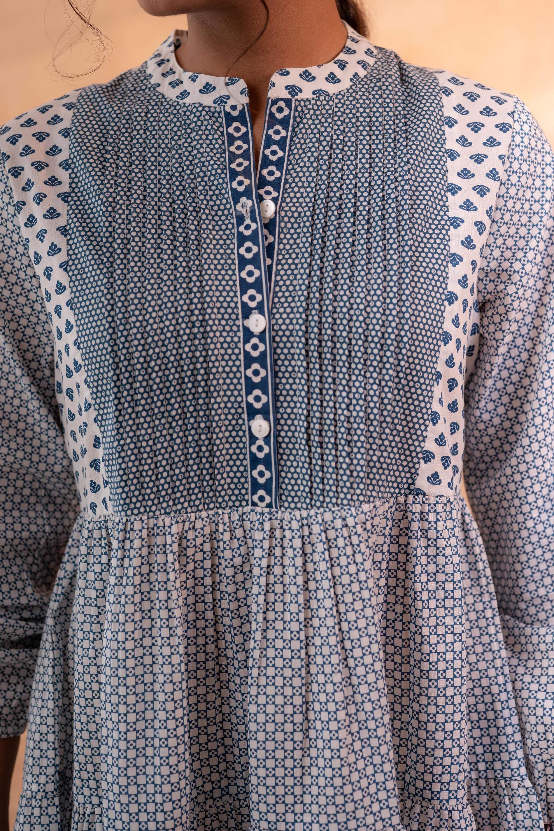 Juniper White & Blue Printed Flared tunic with Pintuck Yoke
