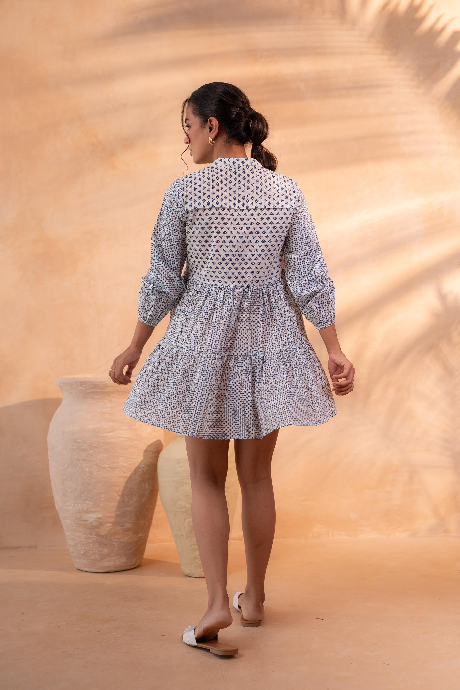 Juniper White & Blue Printed Flared tunic with Pintuck Yoke