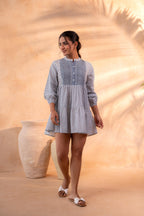 Juniper White & Blue Printed Flared tunic with Pintuck Yoke