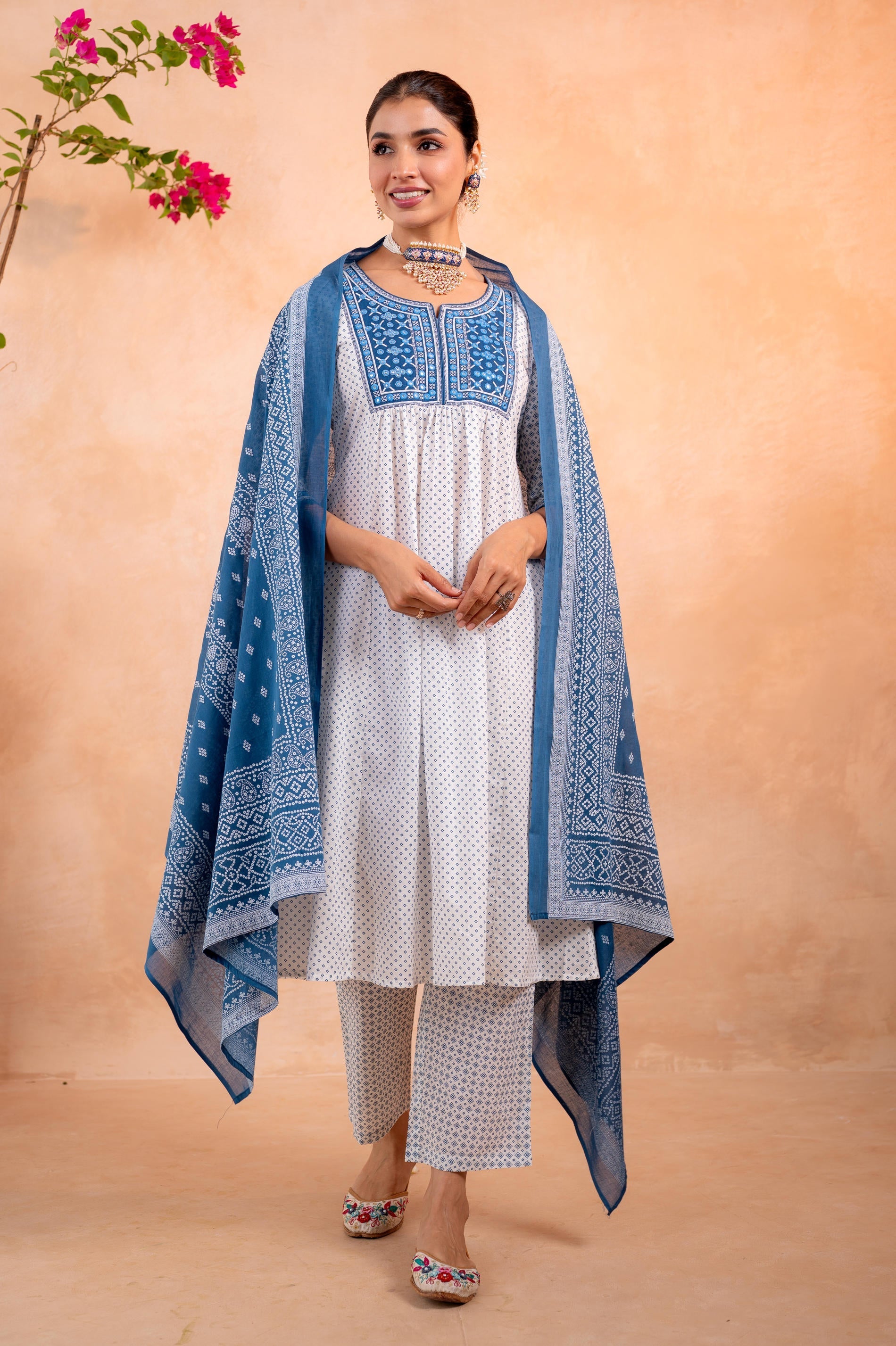 Juniper Blue & White Viraasat Printed Kurta Pant And Dupatta Set with Dupatta - Distacart