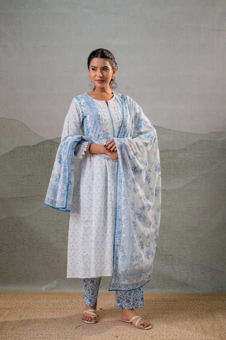 Juniper Neelambar Skyblue Printed Flared Kurta Pant And Dupatta Set