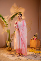 Juniper Gulnaar Pink Printed Flared Kurta Pant And Dupatta Set - Distacart