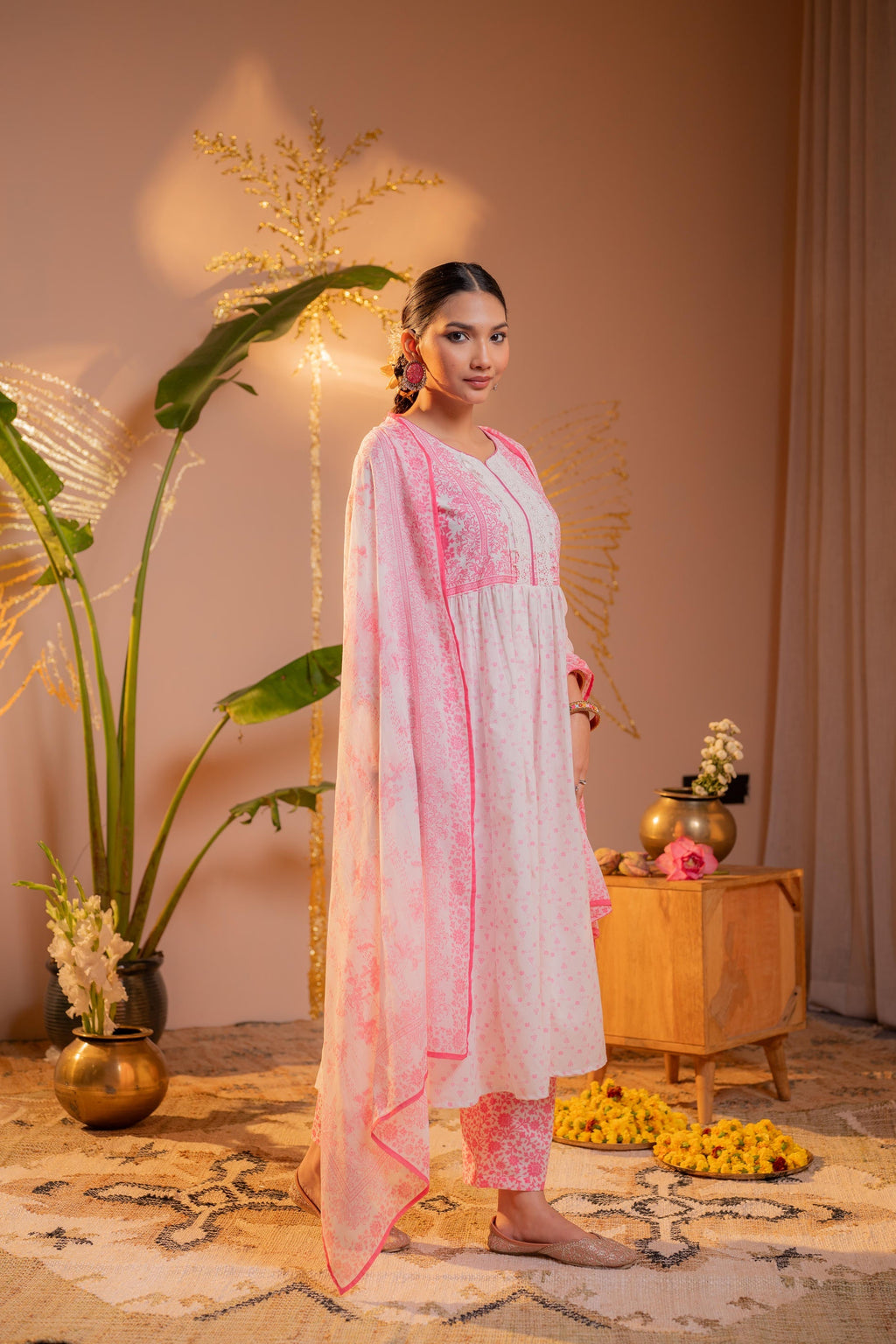 Juniper Gulnaar Pink Printed Flared Kurta Pant And Dupatta Set - Distacart