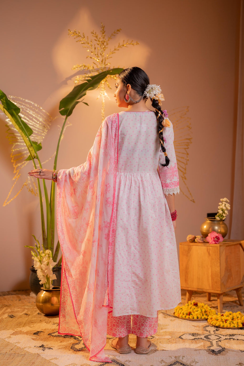 Juniper Gulnaar Pink Printed Flared Kurta Pant And Dupatta Set - Distacart