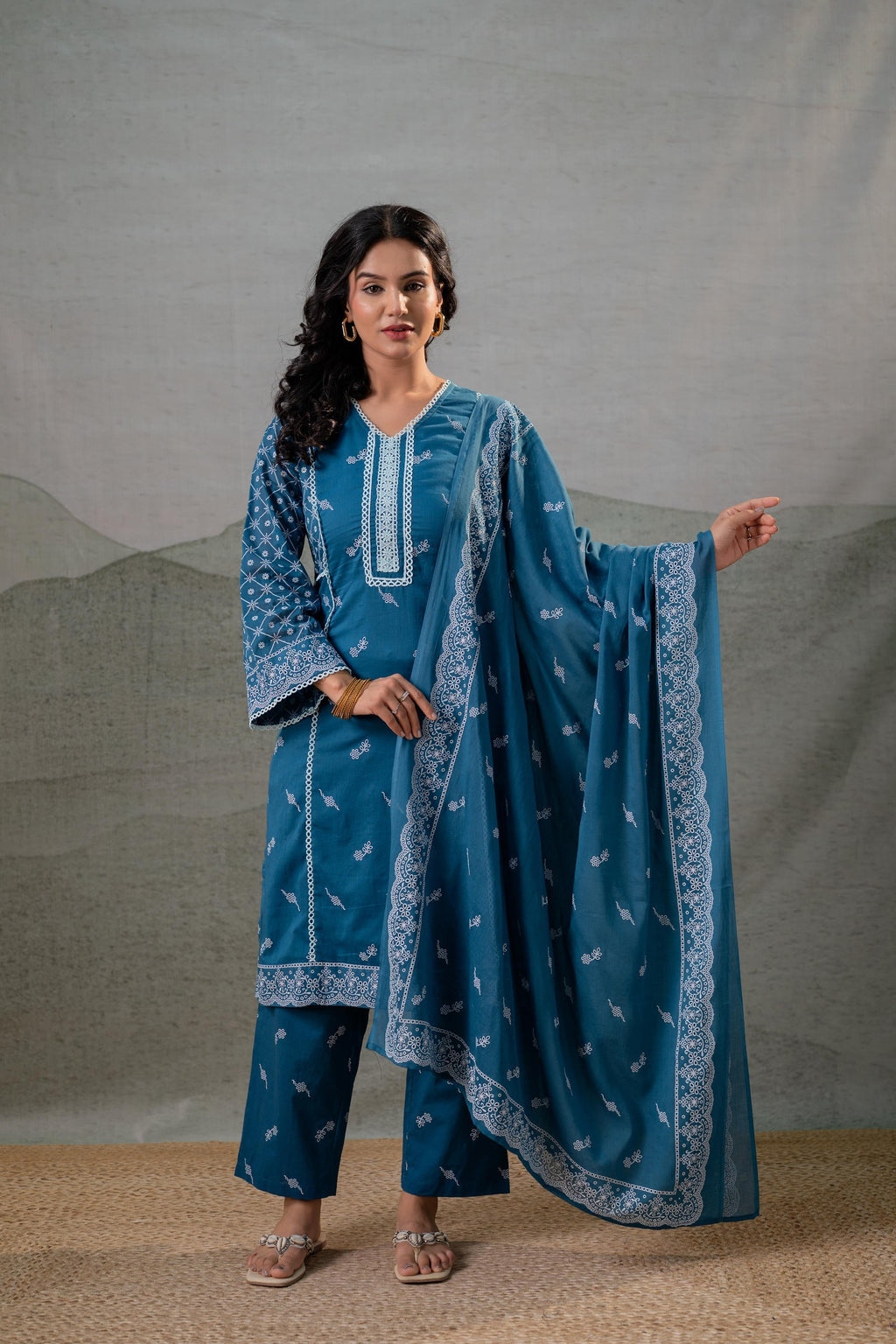 Juniper NeelraIndigo Teal Printed Kurta Pant And Dupatta Set - Distacart
