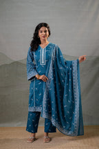 Juniper NeelraIndigo Teal Printed Kurta Pant And Dupatta Set - Distacart