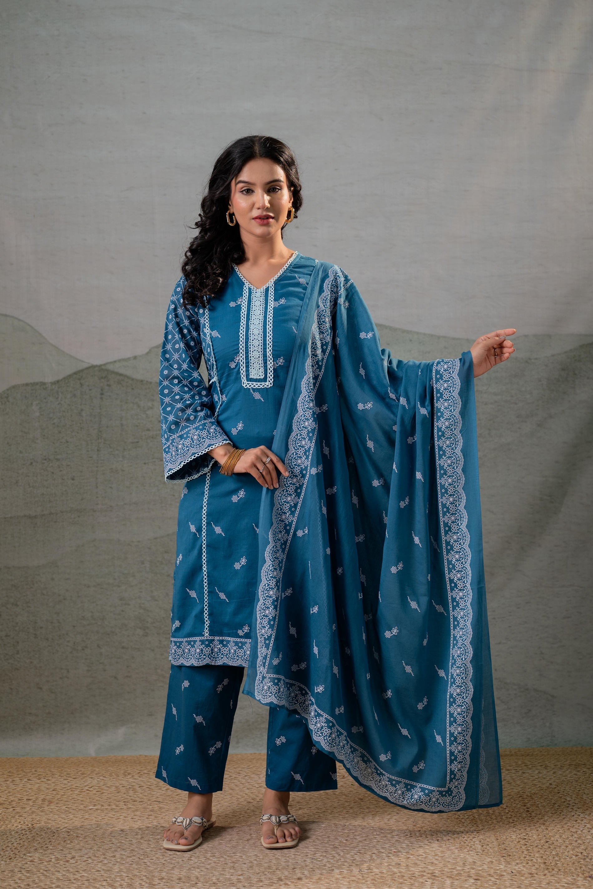 Juniper NeelraIndigo Teal Printed Kurta Pant And Dupatta Set - Distacart