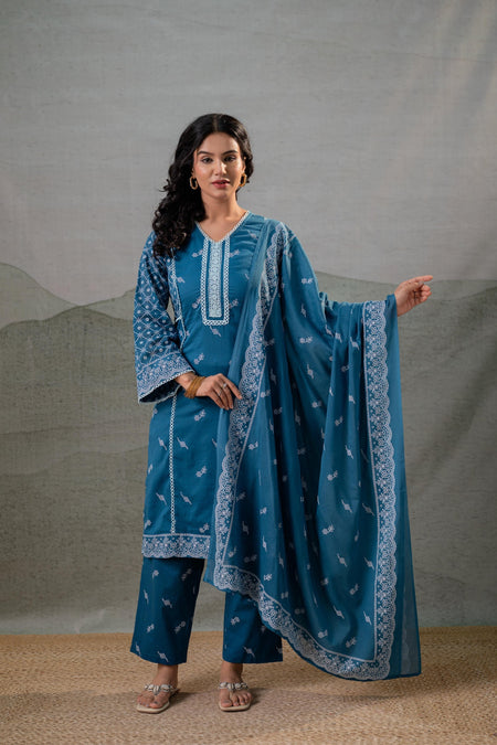 Juniper NeelraIndigo Teal Printed Kurta Pant And Dupatta Set