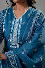 Juniper NeelraIndigo Teal Printed Kurta Pant And Dupatta Set - Distacart