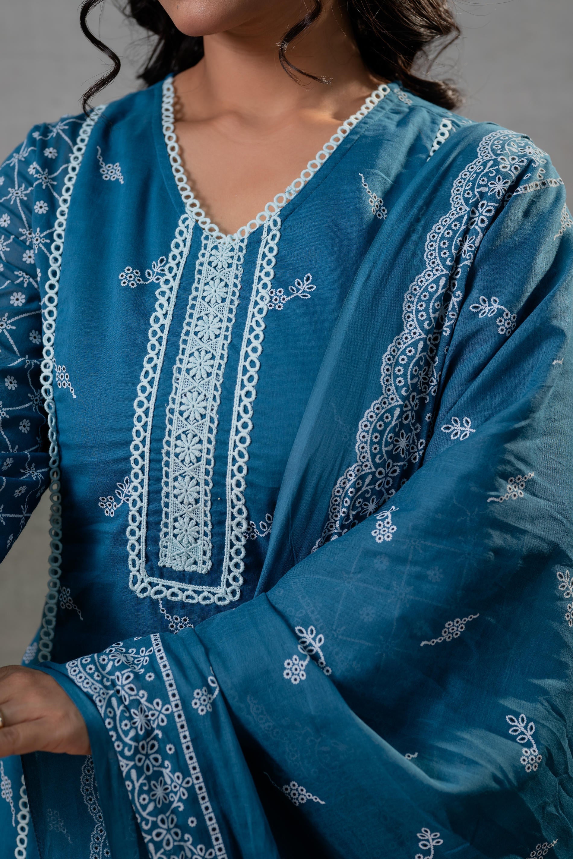 Juniper NeelraIndigo Teal Printed Kurta Pant And Dupatta Set - Distacart