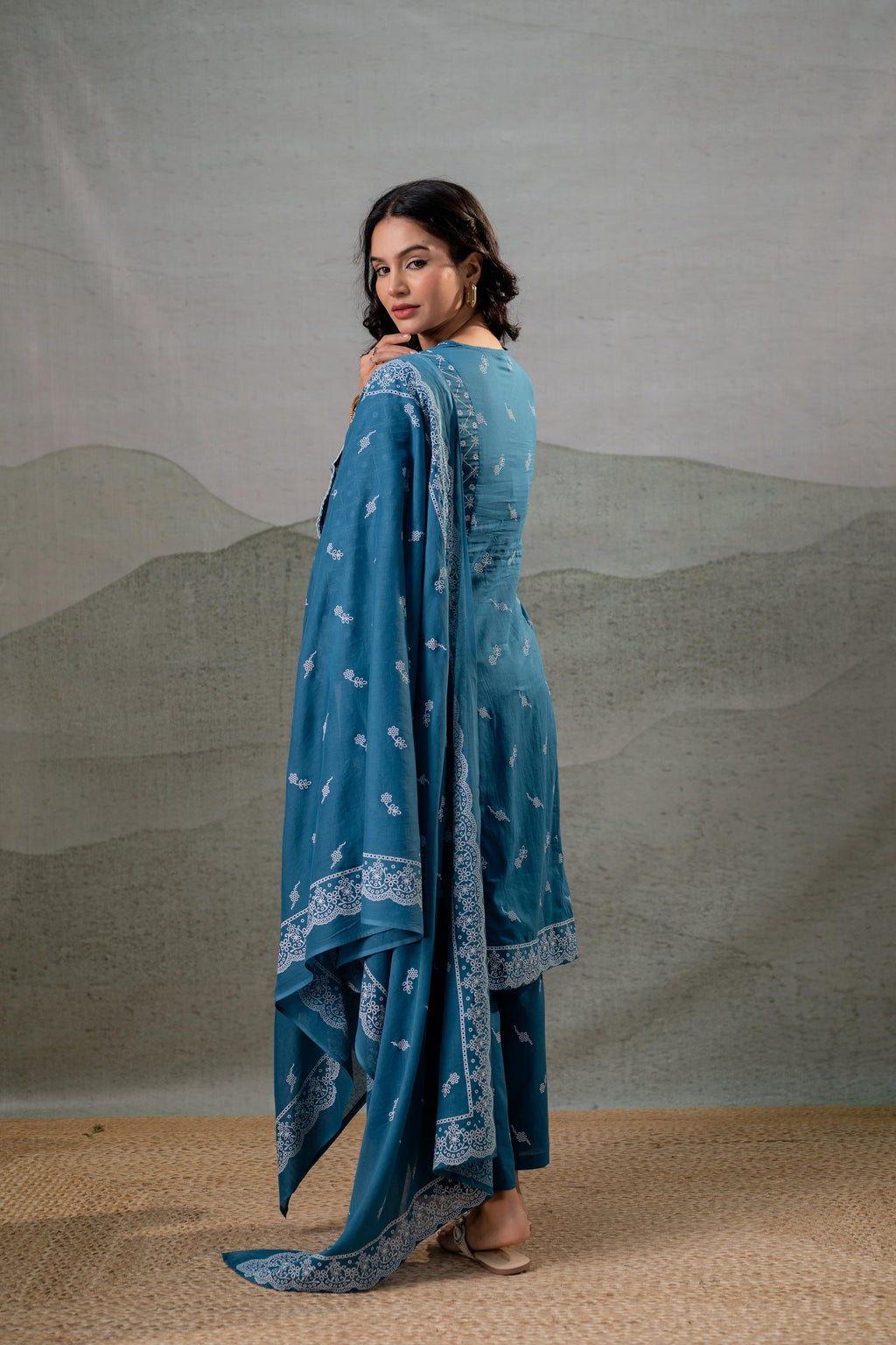 Juniper NeelraIndigo Teal Printed Kurta Pant And Dupatta Set - Distacart
