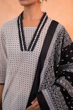 Juniper Noir Ikat Echo Black & White Printed Kurta Pant And Dupatta Set - Distacart