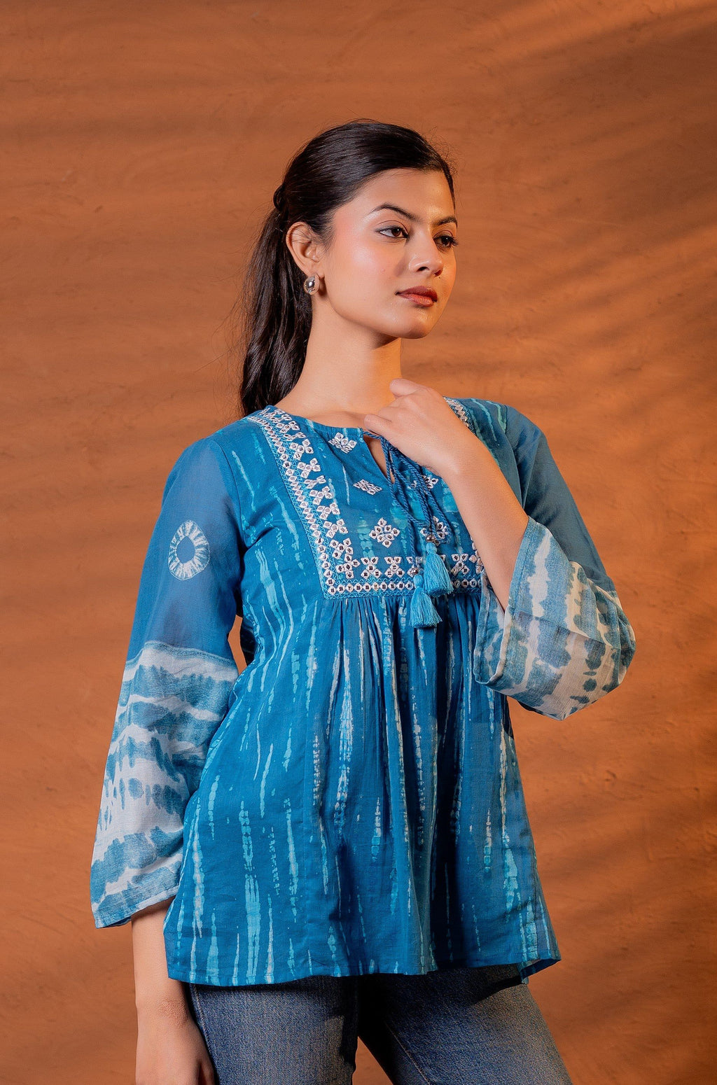 Juniper Indigo Teal Blue Tie-Dye Printed Yoke Tunic with Flared Sleeves