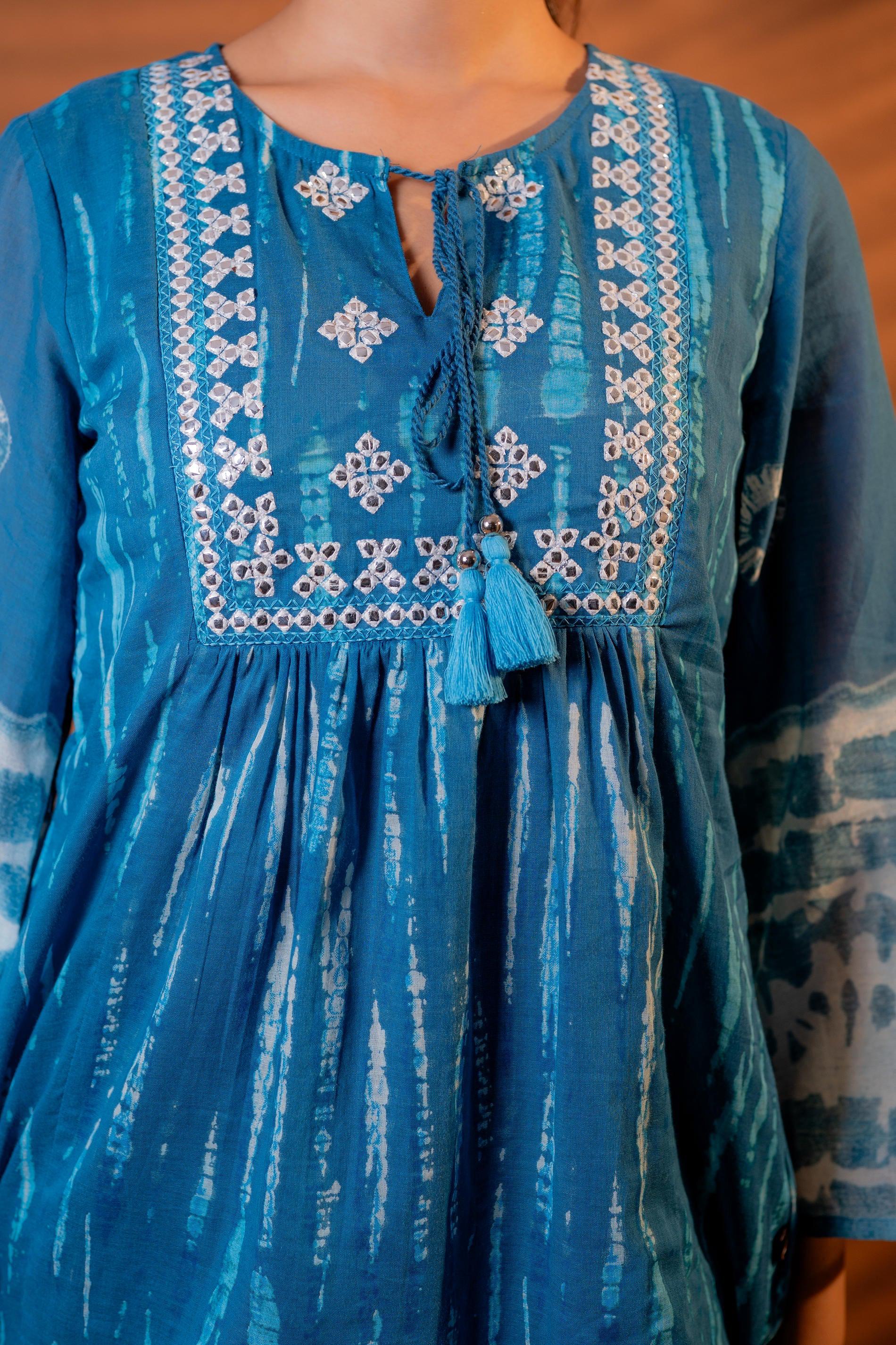 Juniper Indigo Teal Blue Tie-Dye Printed Yoke Tunic with Flared Sleeves