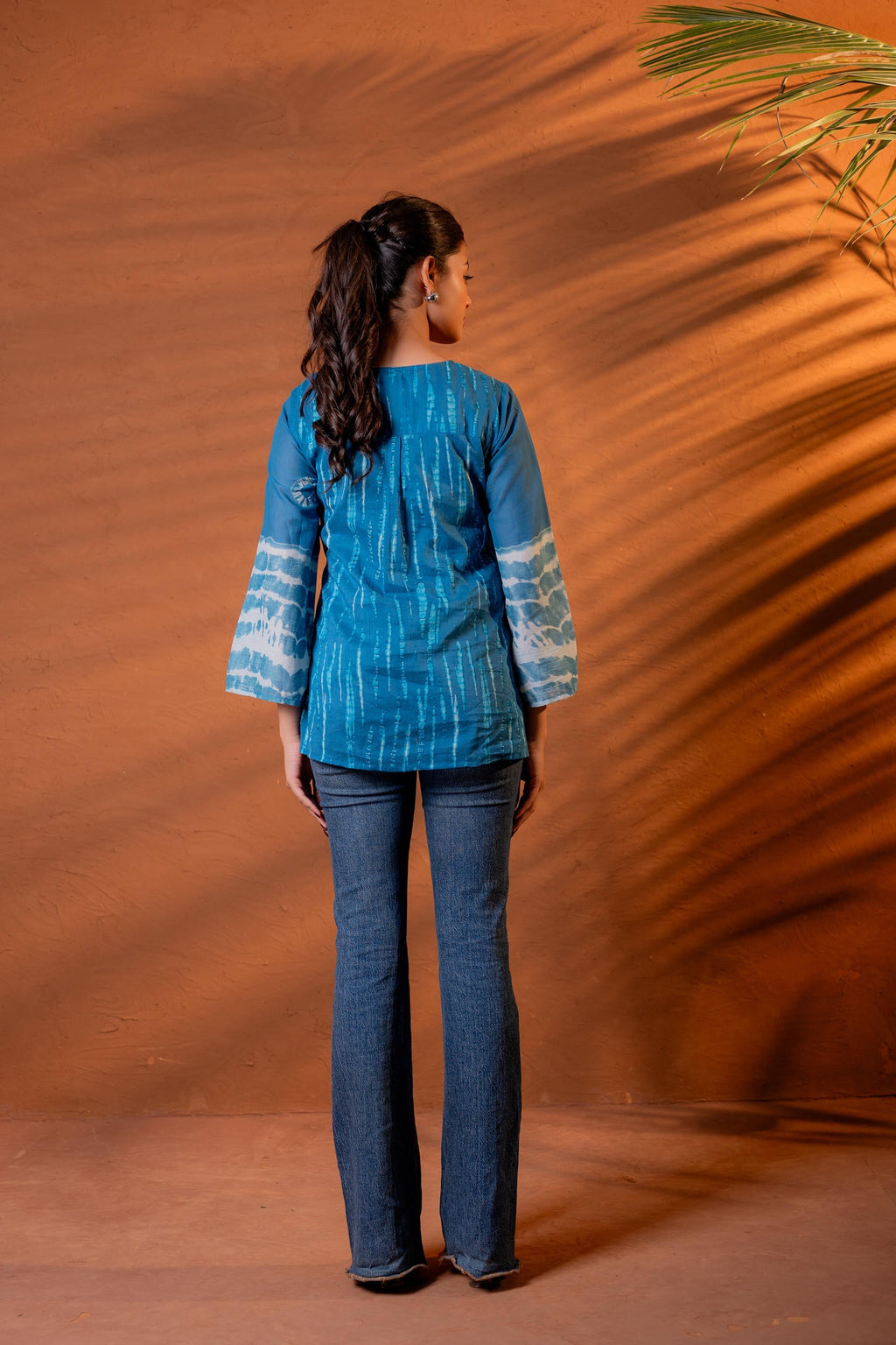 Juniper Indigo Teal Blue Tie-Dye Printed Yoke Tunic with Flared Sleeves