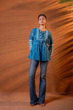 Juniper Indigo Teal Blue Tie-Dye Printed Yoke Tunic with Flared Sleeves