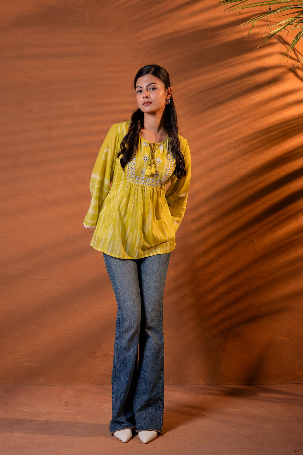Juniper Lime Yellow Tie-Dye Printed Yoke Tunic with Flared Sleeves