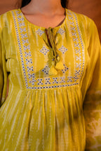 Juniper Lime Yellow Tie-Dye Printed Yoke Tunic with Flared Sleeves
