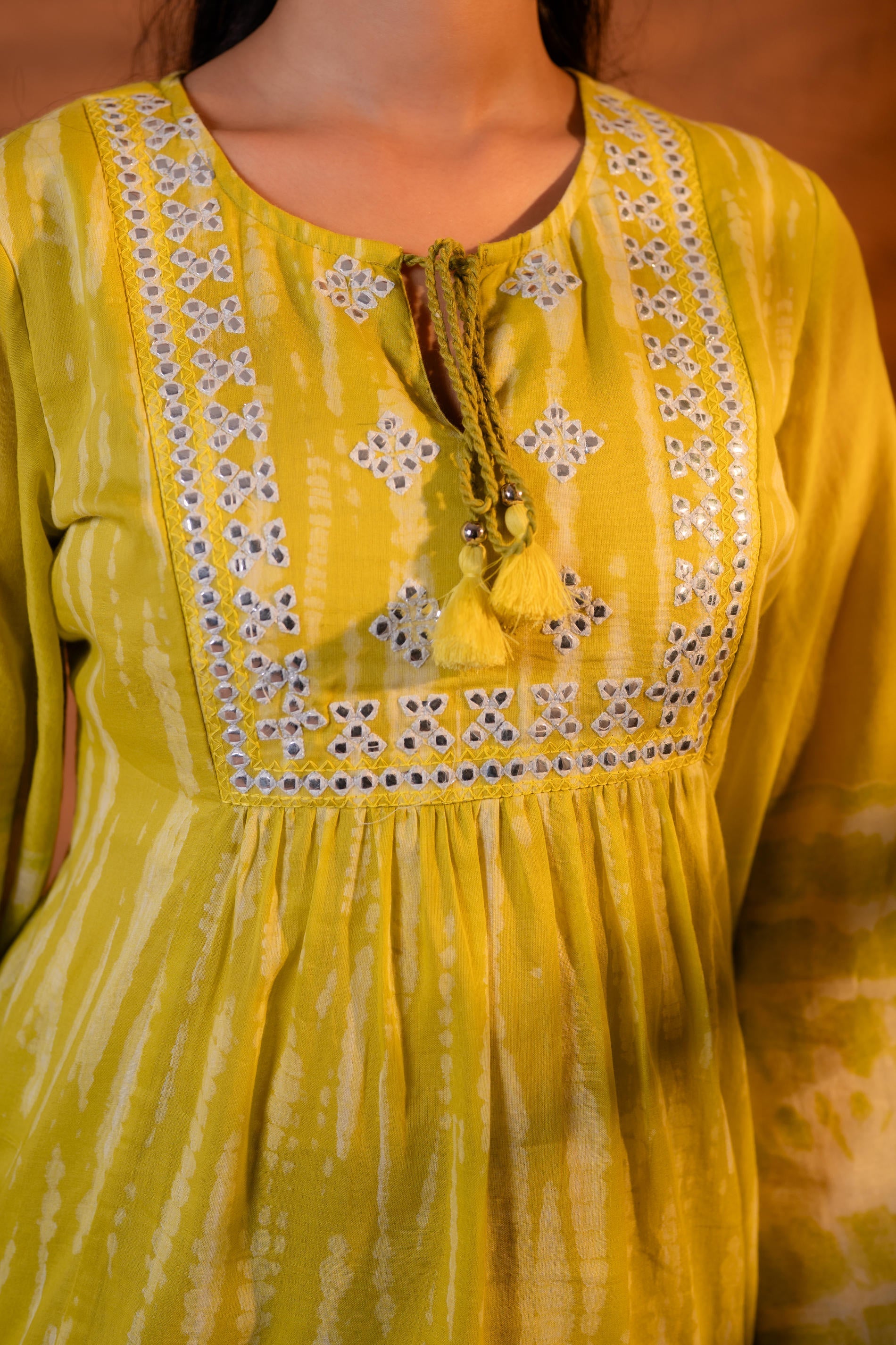 Juniper Lime Yellow Tie-Dye Printed Yoke Tunic with Flared Sleeves