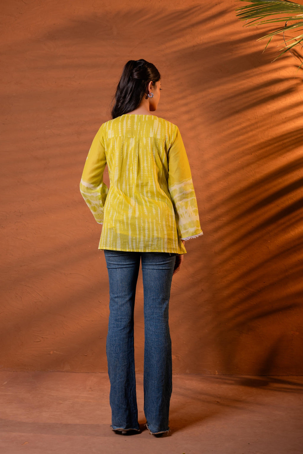 Juniper Lime Yellow Tie-Dye Printed Yoke Tunic with Flared Sleeves