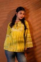 Juniper Lime Yellow Tie-Dye Printed Yoke Tunic with Flared Sleeves
