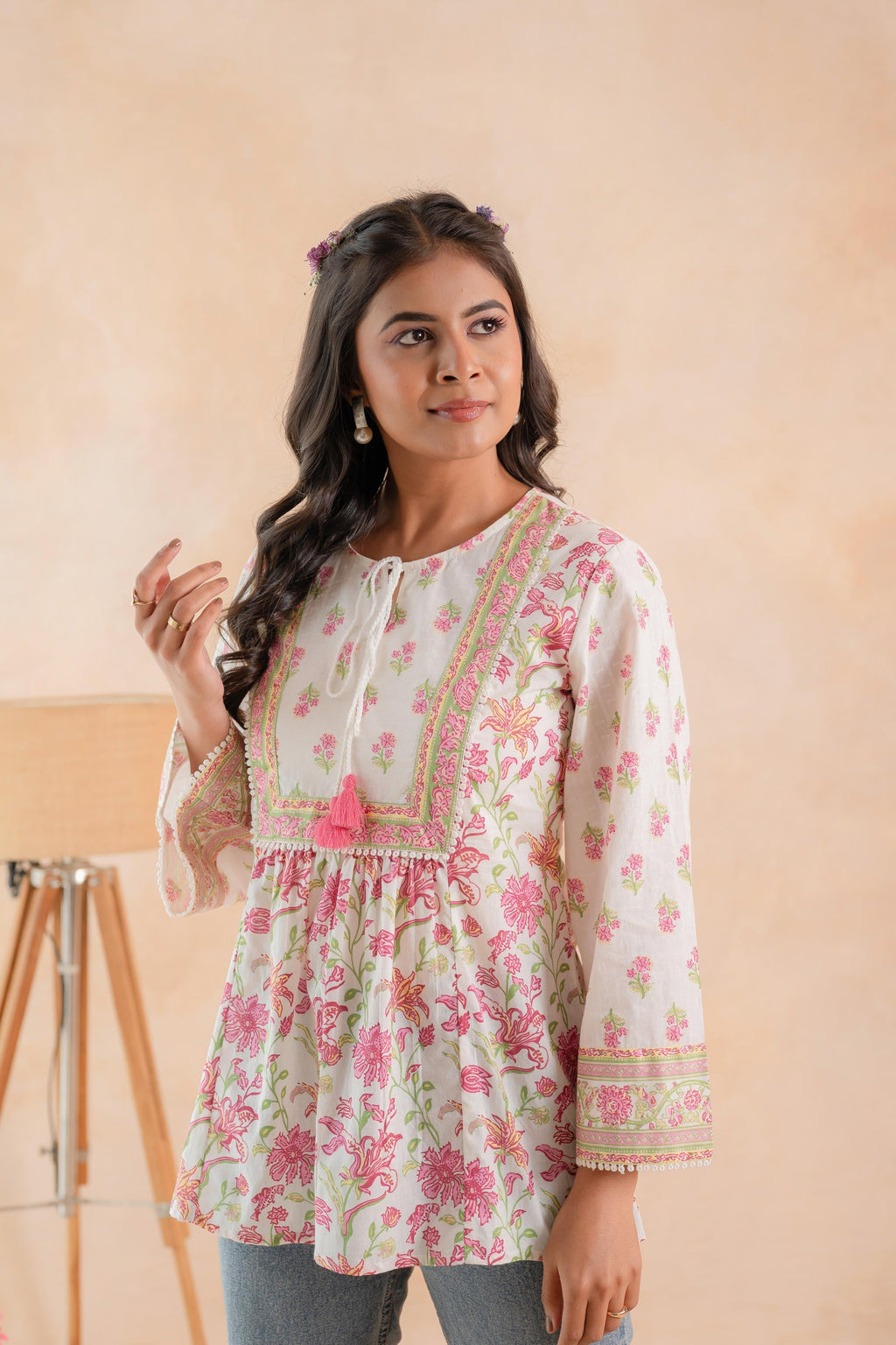 Juniper Off-White & Pink Floral Printed Gathered Ethnic Tunic with Lace Yoke - Distacart