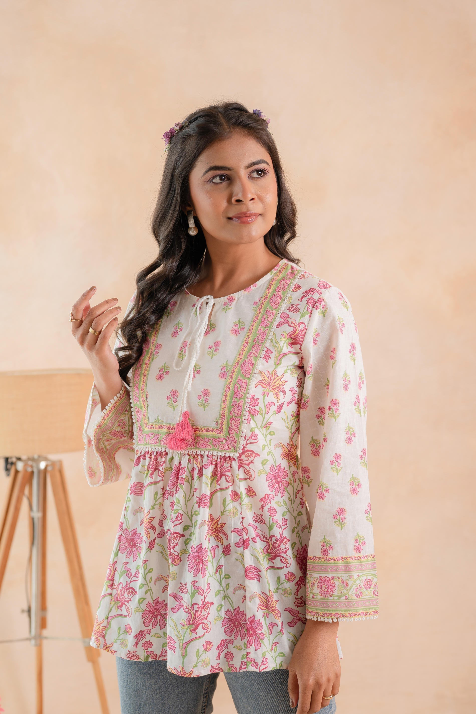 Juniper Off-White & Pink Floral Printed Gathered Ethnic Tunic with Lace Yoke - Distacart