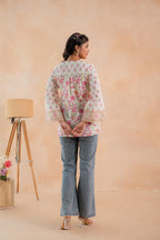Juniper Off-White & Pink Floral Printed Gathered Ethnic Tunic with Lace Yoke - Distacart
