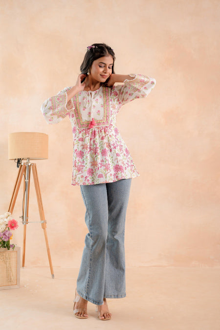 Juniper Off-White & Pink Floral Printed Gathered Ethnic Tunic with Lace Yoke