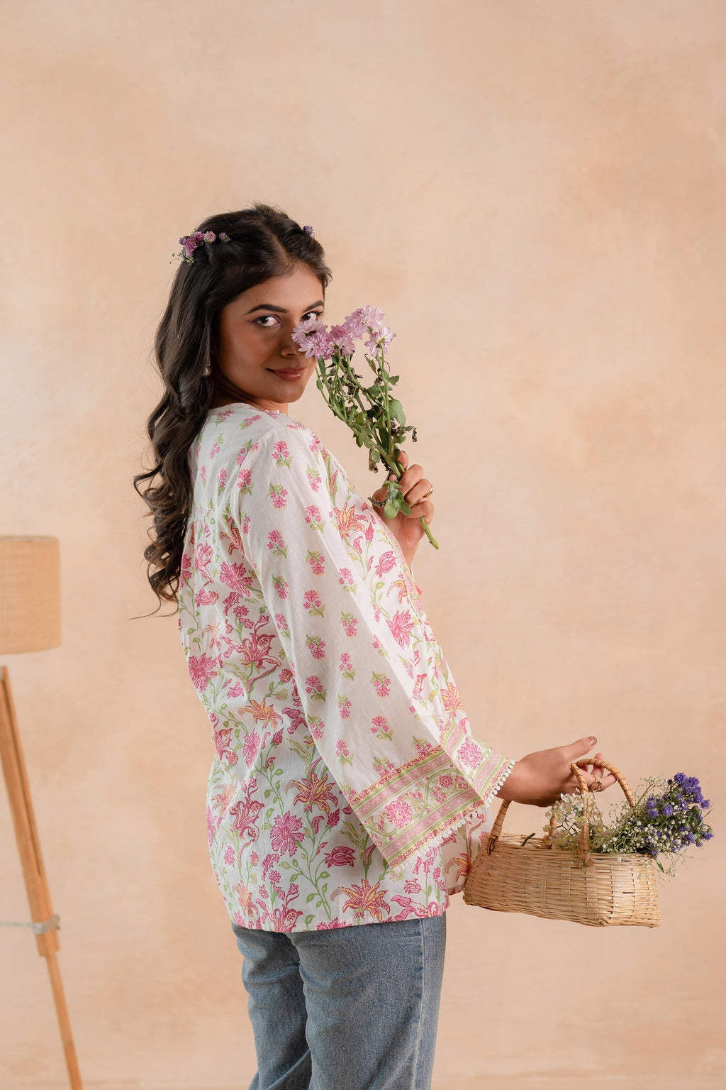 Juniper Off-White & Pink Floral Printed Gathered Ethnic Tunic with Lace Yoke - Distacart