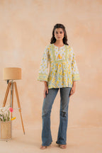 Juniper Off-White & Yellow Floral Printed Gathered Ethnic Tunic with Lace Yoke - Distacart